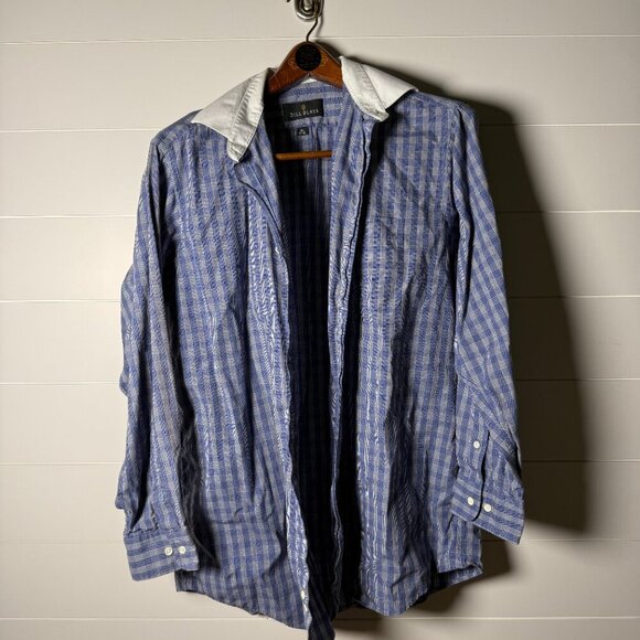 Bill Blass Button Down White Collared Dress Shirt, Blue White Plaid, 16.5x32-33 - Picture 5 of 6